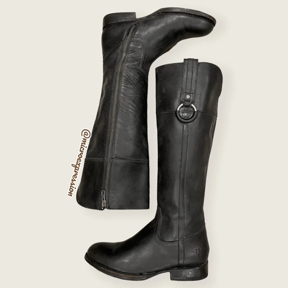 $389 Frye Jamie Ring Tall Distressed Stone Black Leather Knee High Zip Up Boot